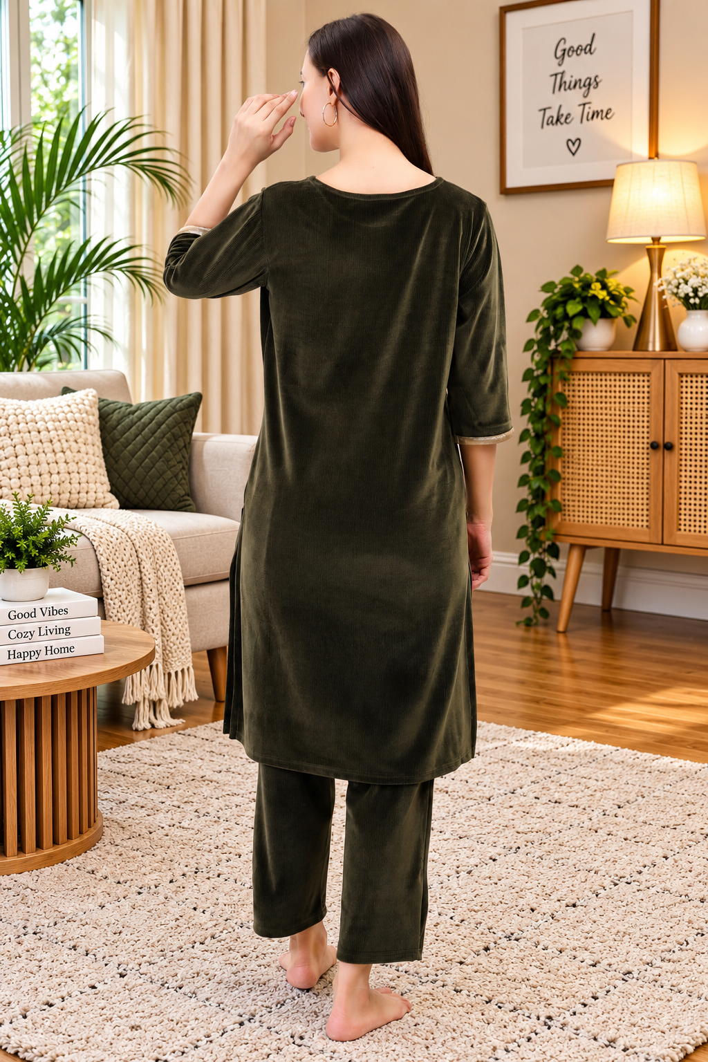 Women's Velvet Winter Embroidered Corduroy Kurti Set, Long Sleeves (Olive)