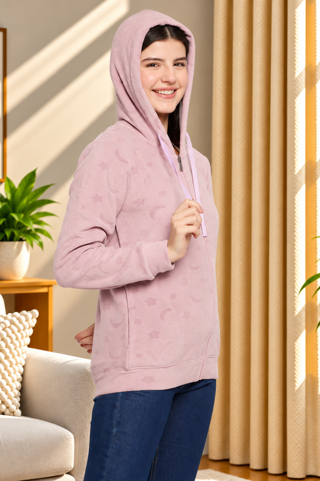 Women’s Embossed Fabric Auli Laser Cut Pattern Hoodie Sweatshirt – Full Sleeve, Zipper Front