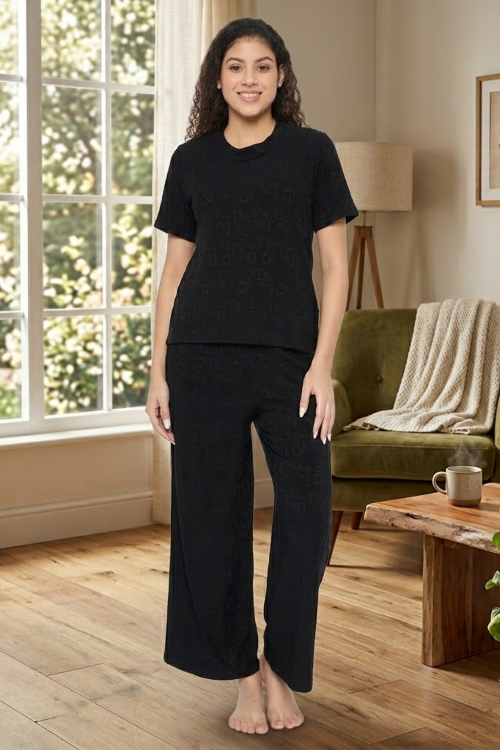 Top and Pyjama Set for Women Nightwear, Black