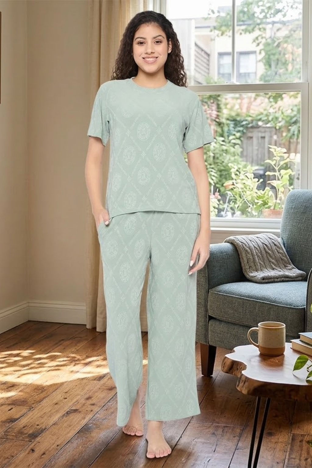 Top and Pyjama Set for Women Nightwear, Green
