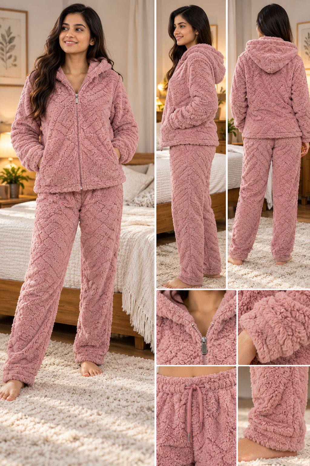 Women Solid hooded Comfortable Winter Nightwear Pyjama Set with Pocket