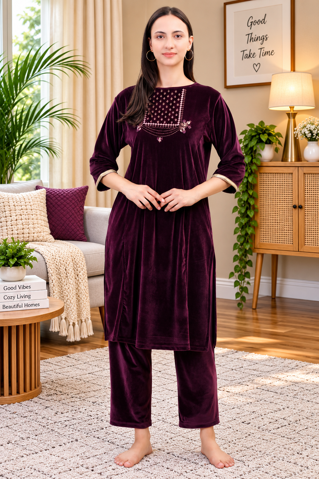 Women's Velvet Winter Embroidered Corduroy Kurti Set, Long Sleeves (Maroon)