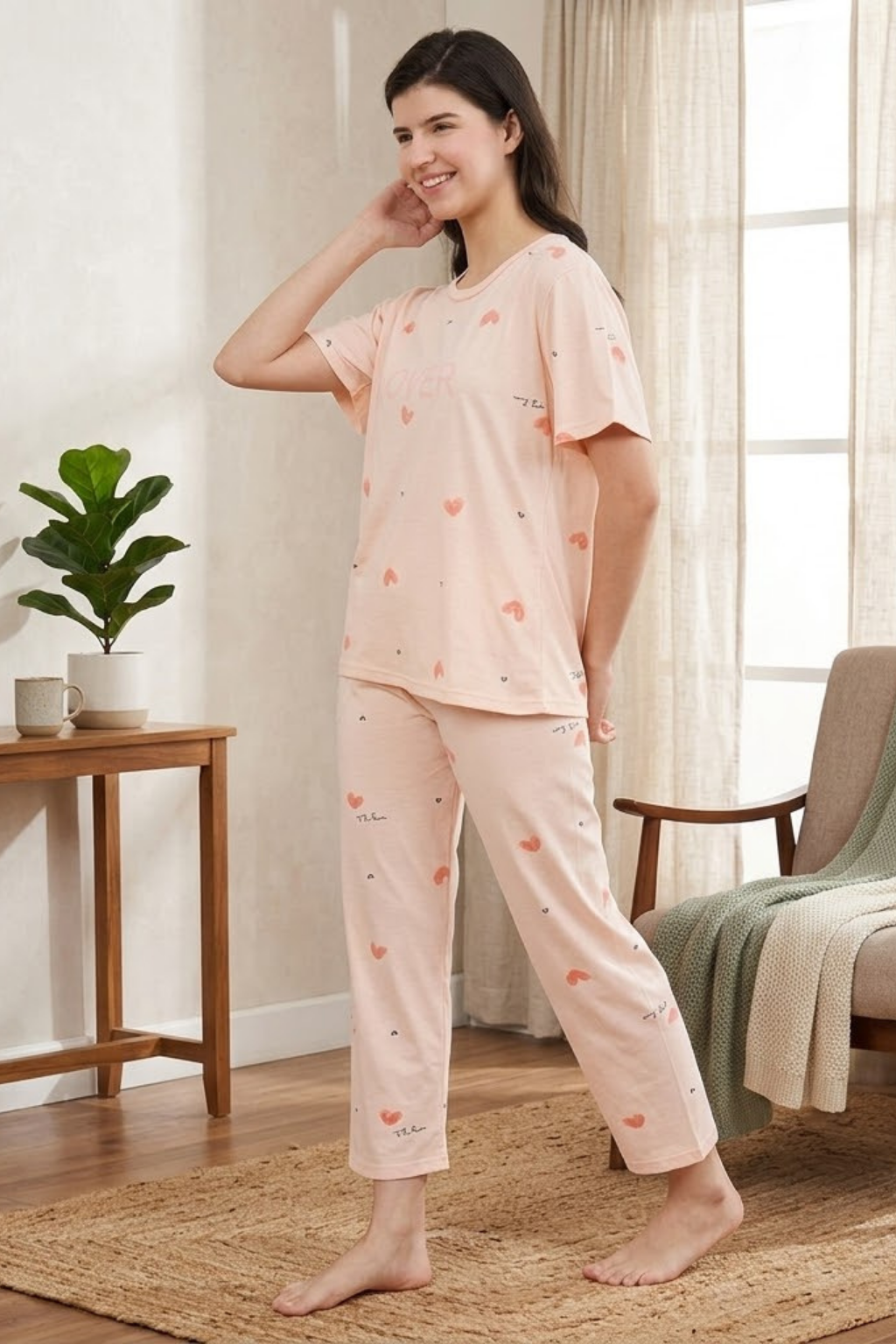 Camey Women Night Suit – Soft Cotton Night Suit for Women | Printed Night Dress & Pyjama Set, Peach