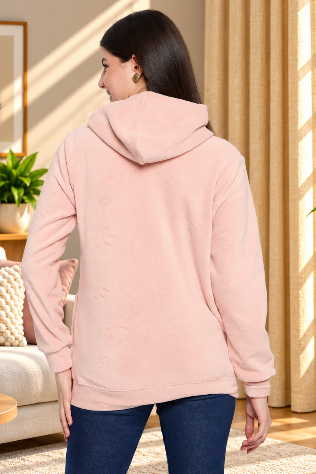 Women’s Embossed Fabric Auli Laser Cut Pattern Hoodie Sweatshirt – Full Sleeve, Zipper Front