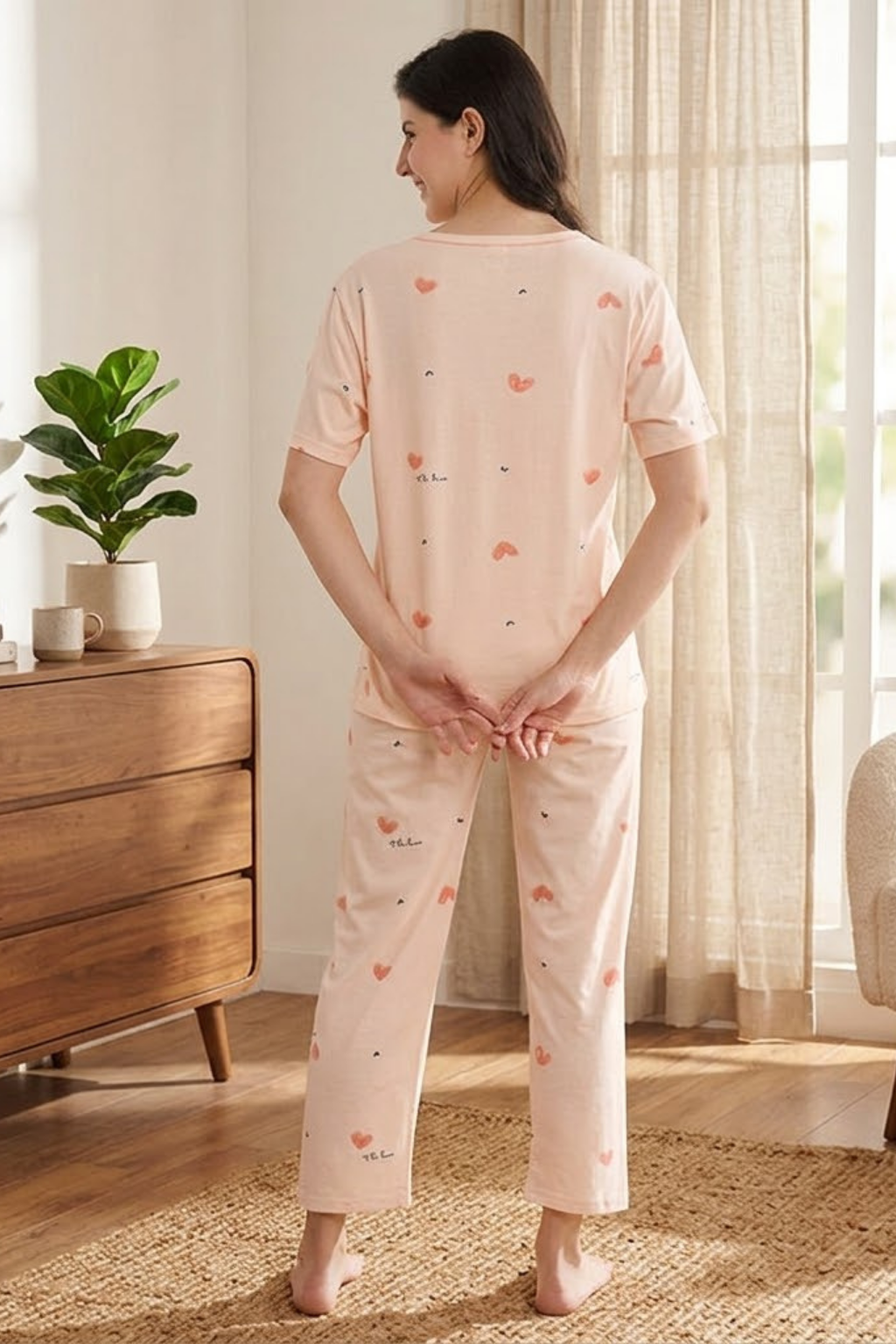 Camey Women Night Suit – Soft Cotton Night Suit for Women | Printed Night Dress & Pyjama Set, Peach
