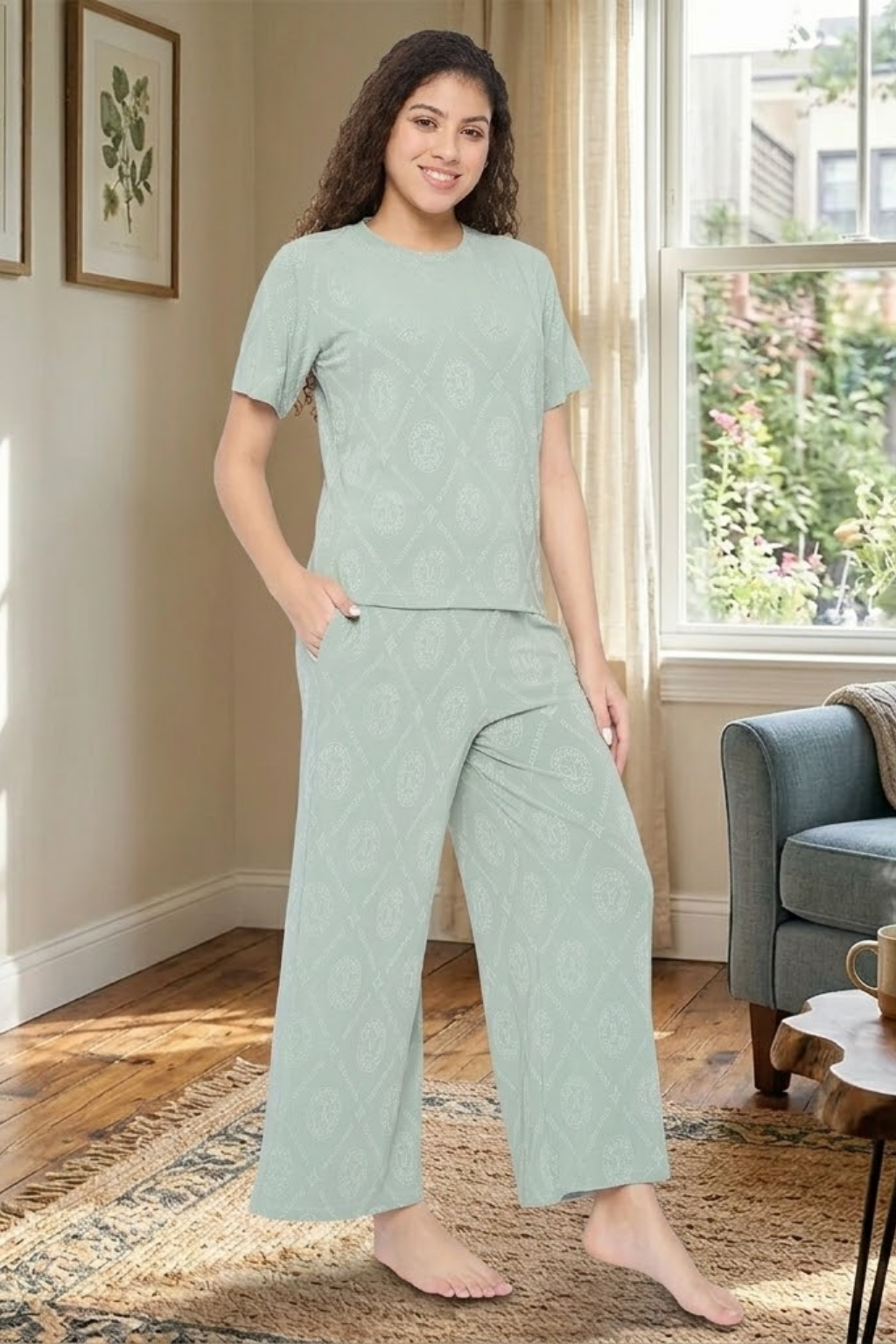 Top and Pyjama Set for Women Nightwear, Green