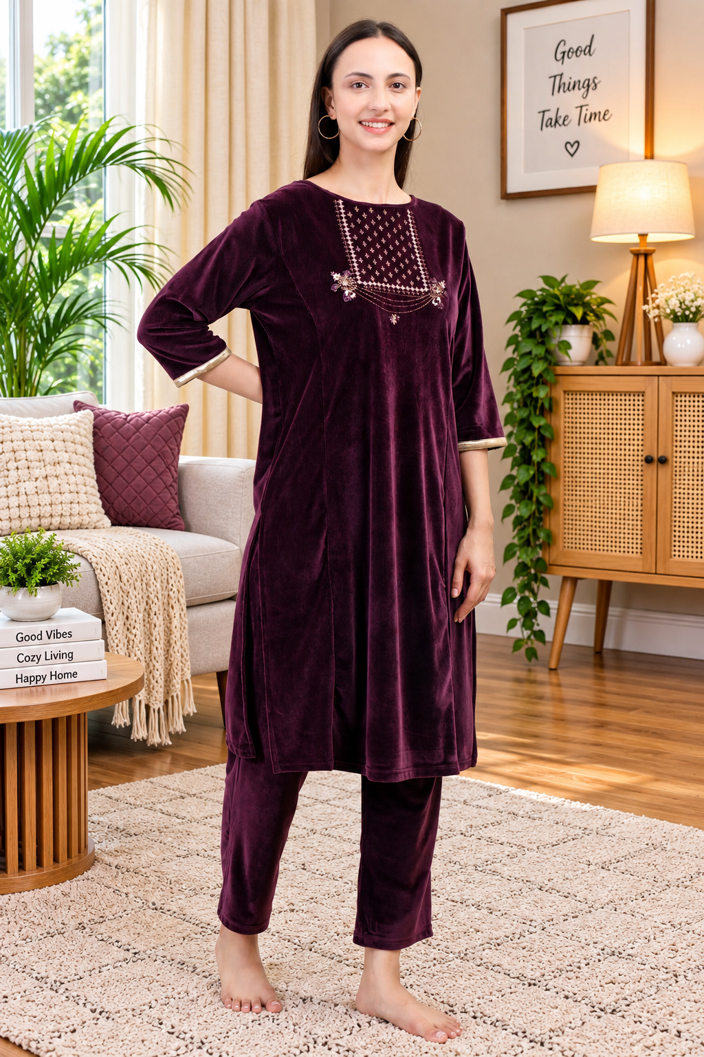 Women's Velvet Winter Embroidered Corduroy Kurti Set, Long Sleeves (Maroon)