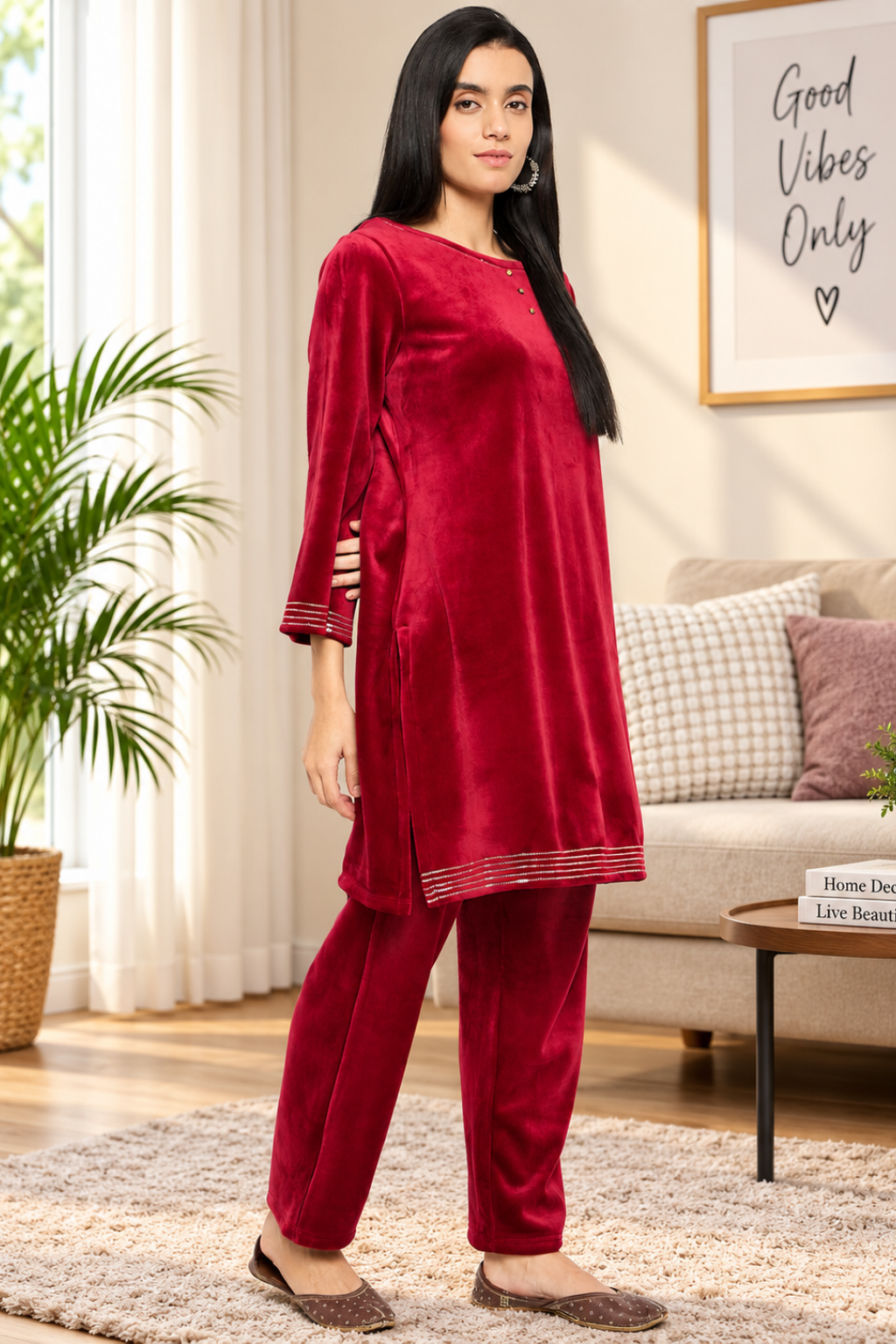 Women's Velvet Winter Kurti Set, Long Sleeves|Winter Velvet Kurti & Pajama Set