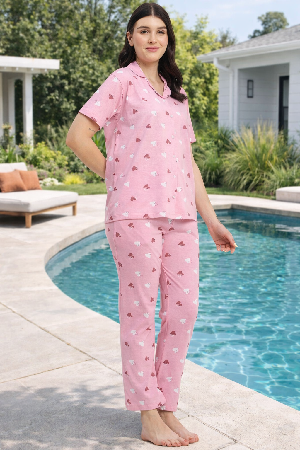 Women's Printed Nightsuit Pajama Set, Short Sleeve Button-Down Top with Pants, Cotton Nightwear, Pink
