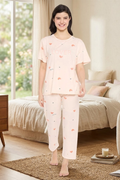 Camey Women Night Suit – Soft Cotton Night Suit for Women | Printed Night Dress & Pyjama Set, Peach