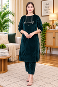 Women's Velvet Winter Embroidered Corduroy Kurti Set, Long Sleeves (Green)