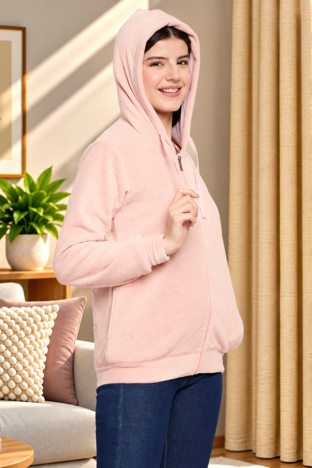 Women’s Embossed Fabric Auli Laser Cut Pattern Hoodie Sweatshirt – Full Sleeve, Zipper Front