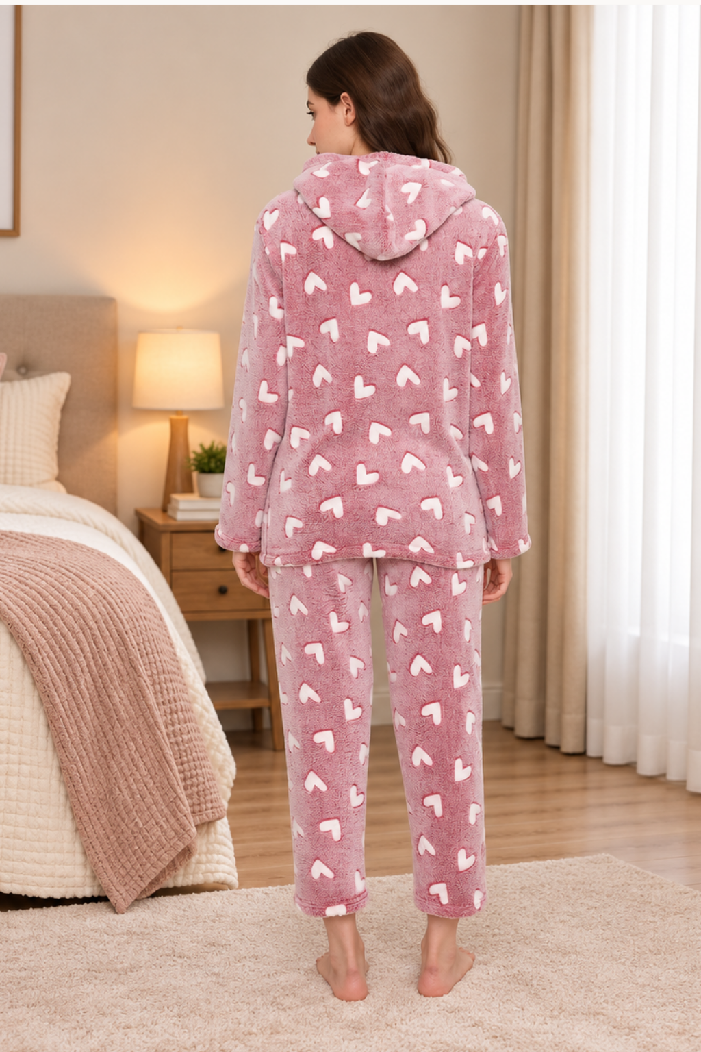 Women Winter Glow in Dark Printed Full Sleeve Hooded Top, Pajama Pants with Pockets