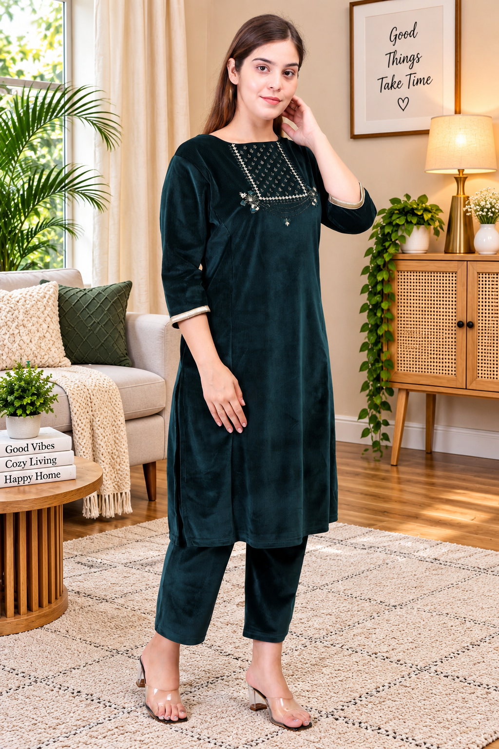 Women's Velvet Winter Embroidered Corduroy Kurti Set, Long Sleeves (Green)