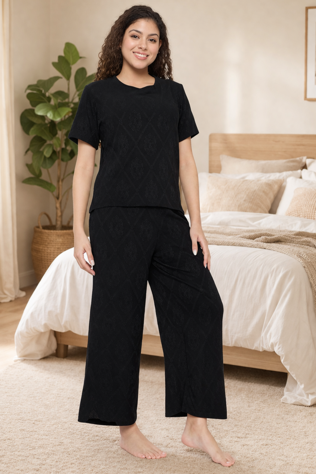 Top and Pyjama Set for Women Nightwear, Black
