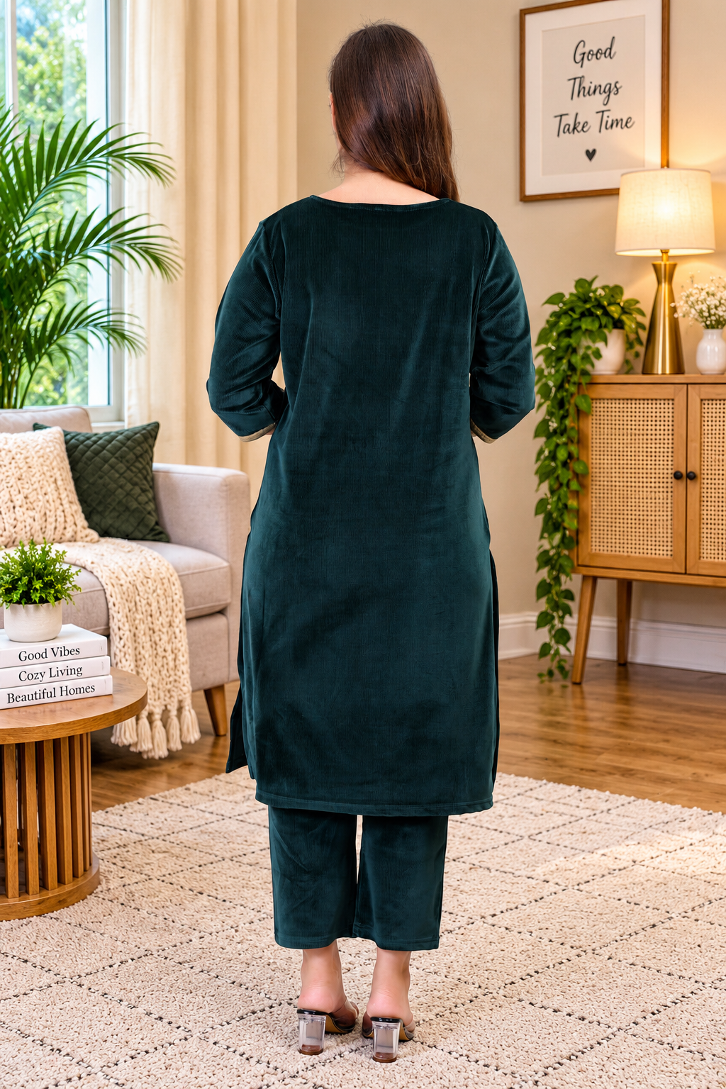 Women's Velvet Winter Embroidered Corduroy Kurti Set, Long Sleeves (Green)