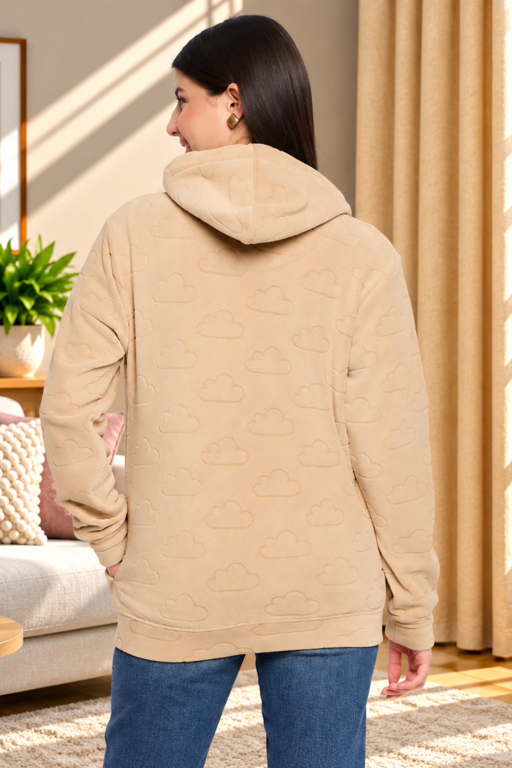 Women’s Embossed Fabric Auli Laser Cut Pattern Hoodie Sweatshirt – Full Sleeve, Zipper Front