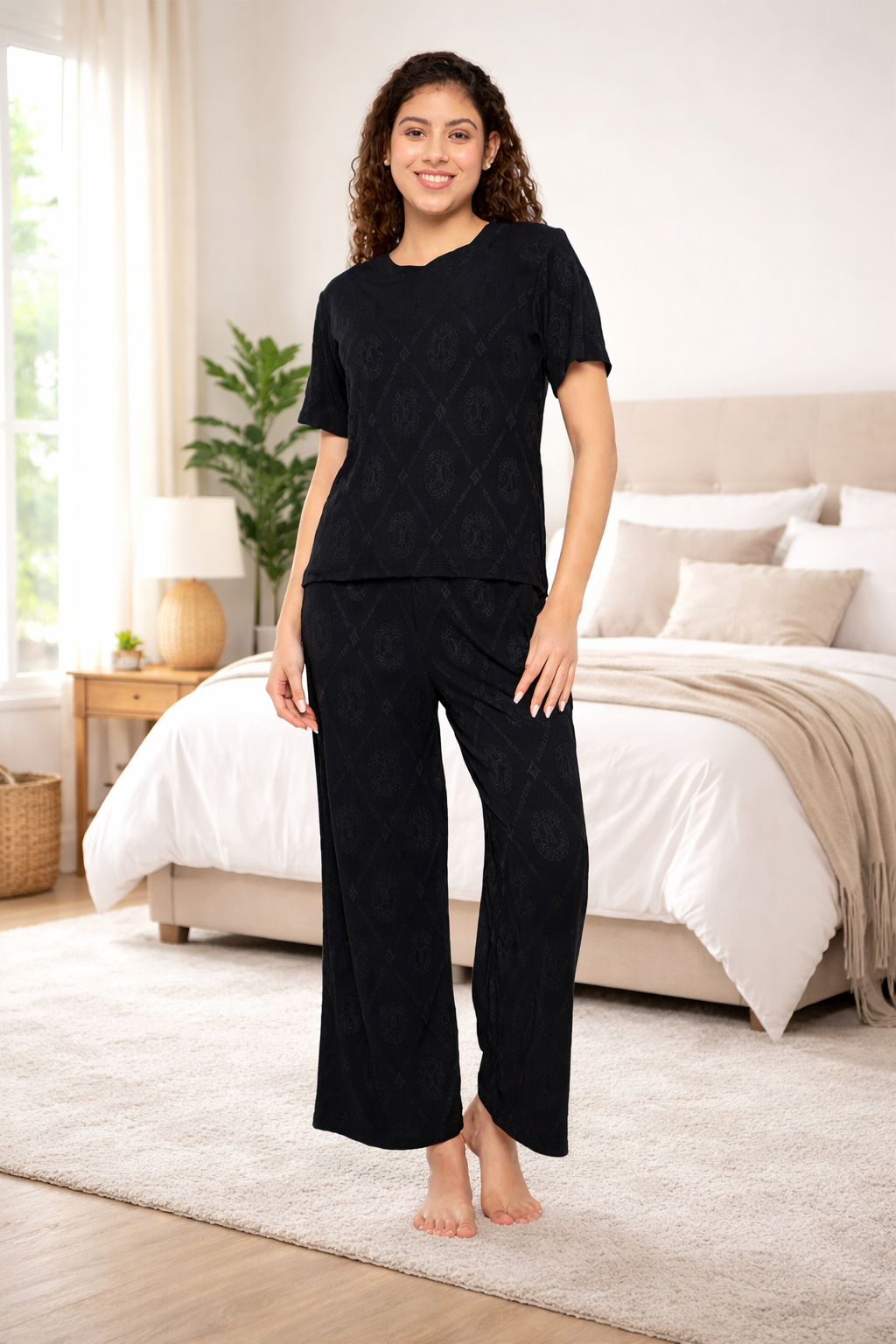 Top and Pyjama Set for Women Nightwear, Black