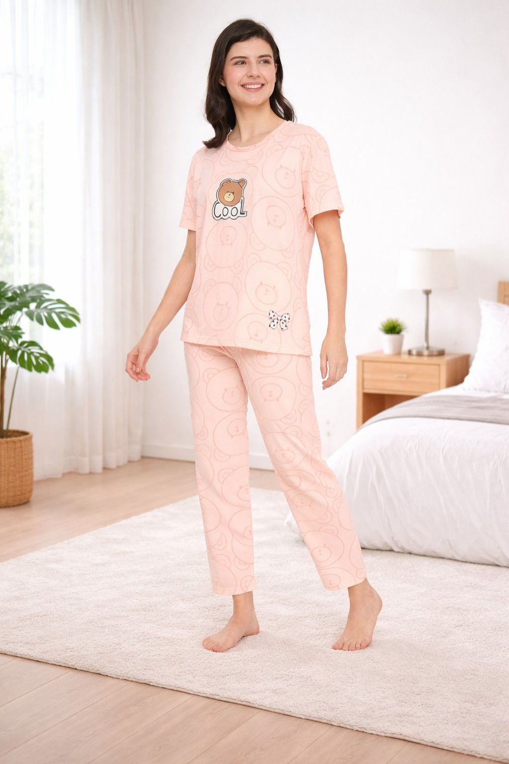 Women's Sleepwear Set, Cotton Pyjama with Short Sleeve T-Shirt,Loungewear