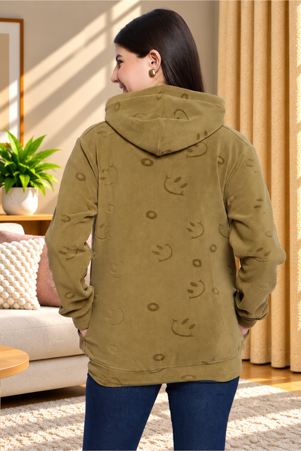 Women’s Embossed Fabric Auli Laser Cut Pattern Hoodie Sweatshirt – Full Sleeve, Zipper Front