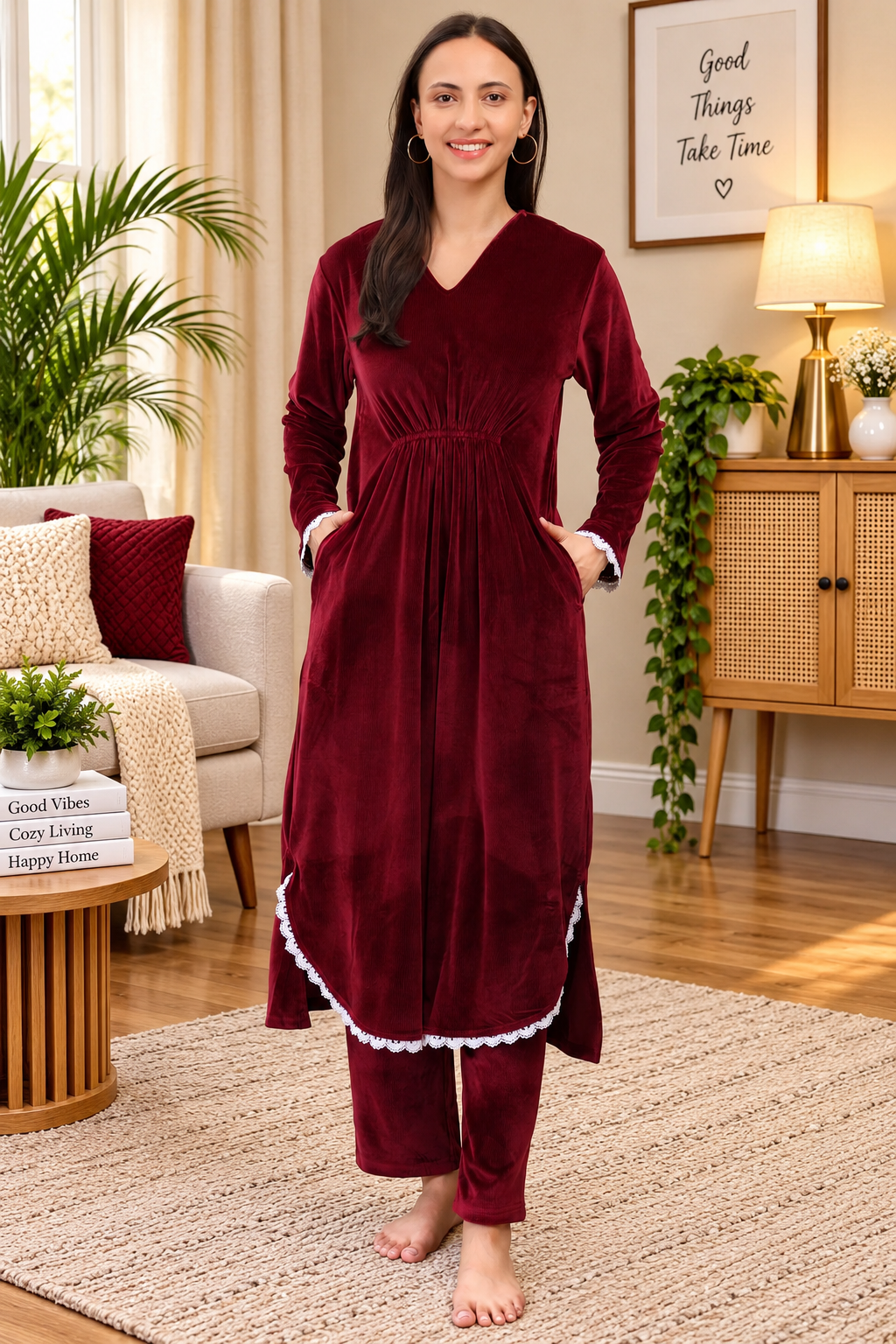 Women's Velvet Winter Corduroy Kurti Set, V-Neck, Long Sleeves (Red)