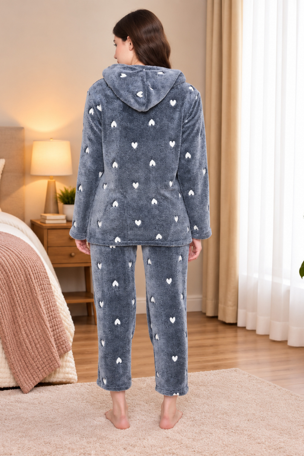 Women Winter Glow in Dark Printed Full Sleeve Hooded Top, Pajama Pants with Pockets