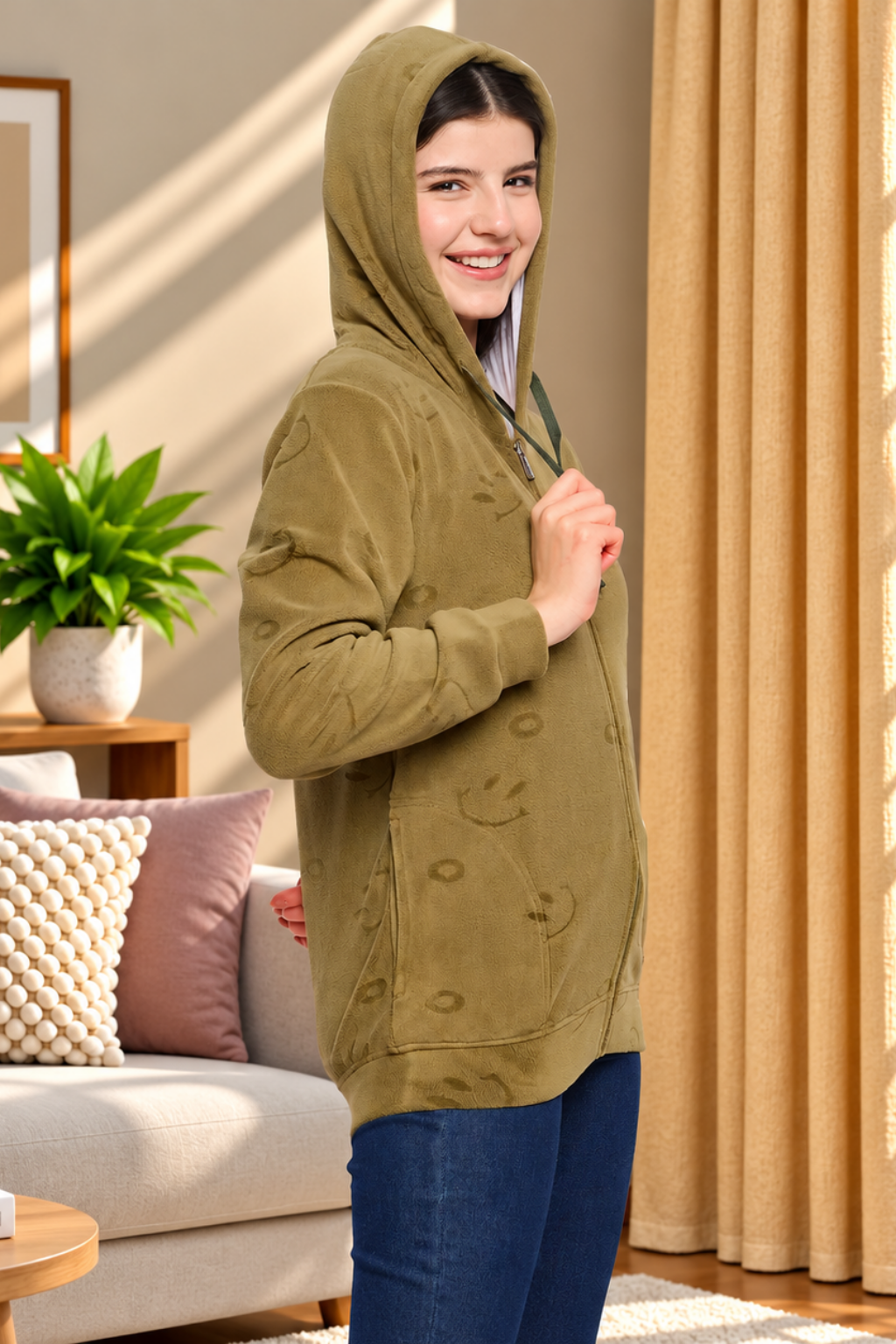 Women’s Embossed Fabric Auli Laser Cut Pattern Hoodie Sweatshirt – Full Sleeve, Zipper Front