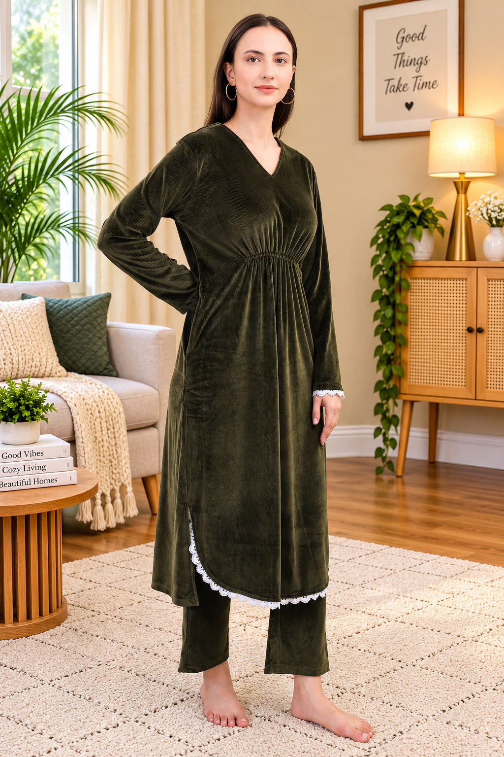 Women's Velvet Winter Corduroy Kurti Set, V-Neck, Long Sleeves (Olive)
