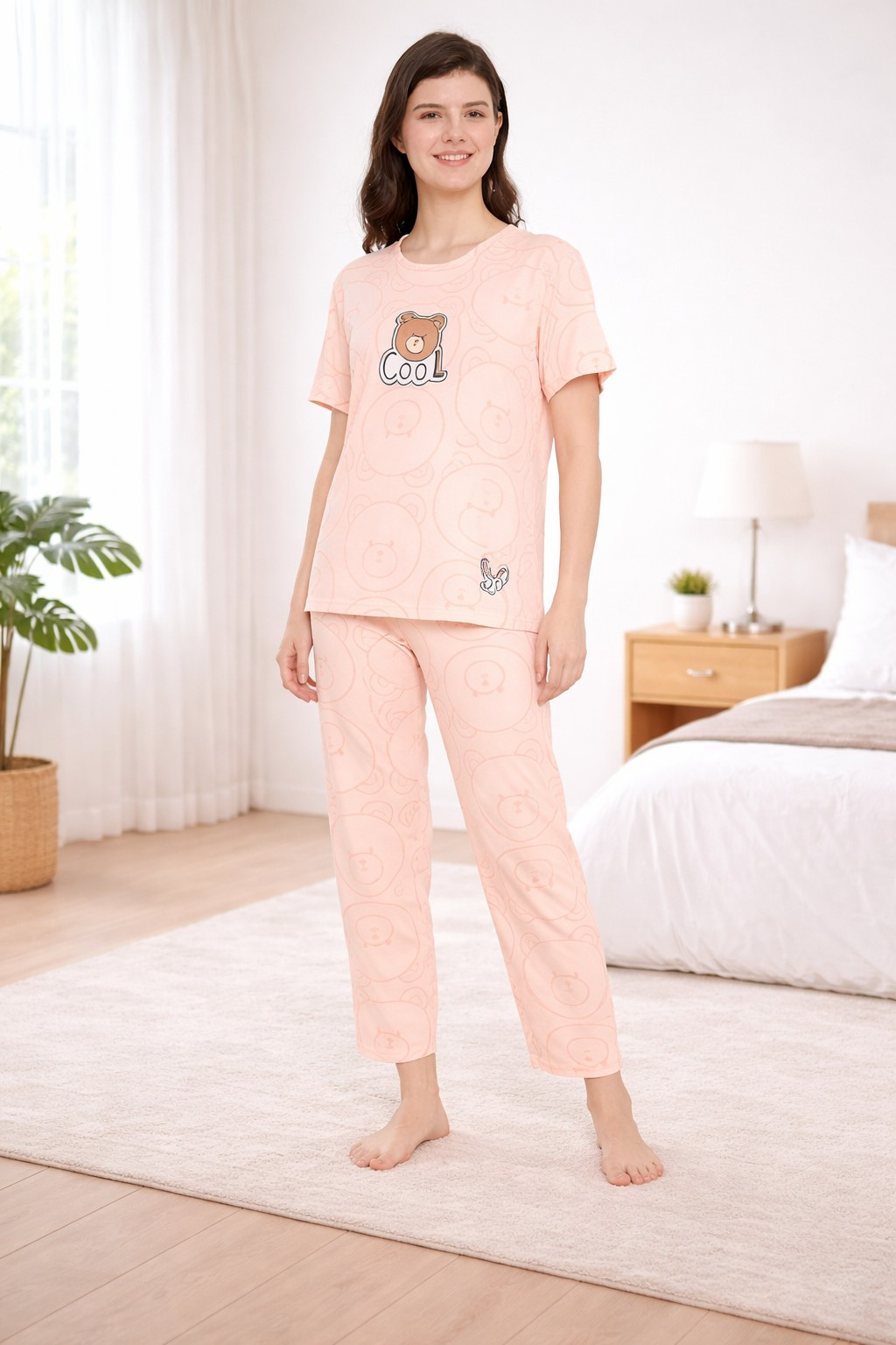 Women's Sleepwear Set, Cotton Pyjama with Short Sleeve T-Shirt,Loungewear