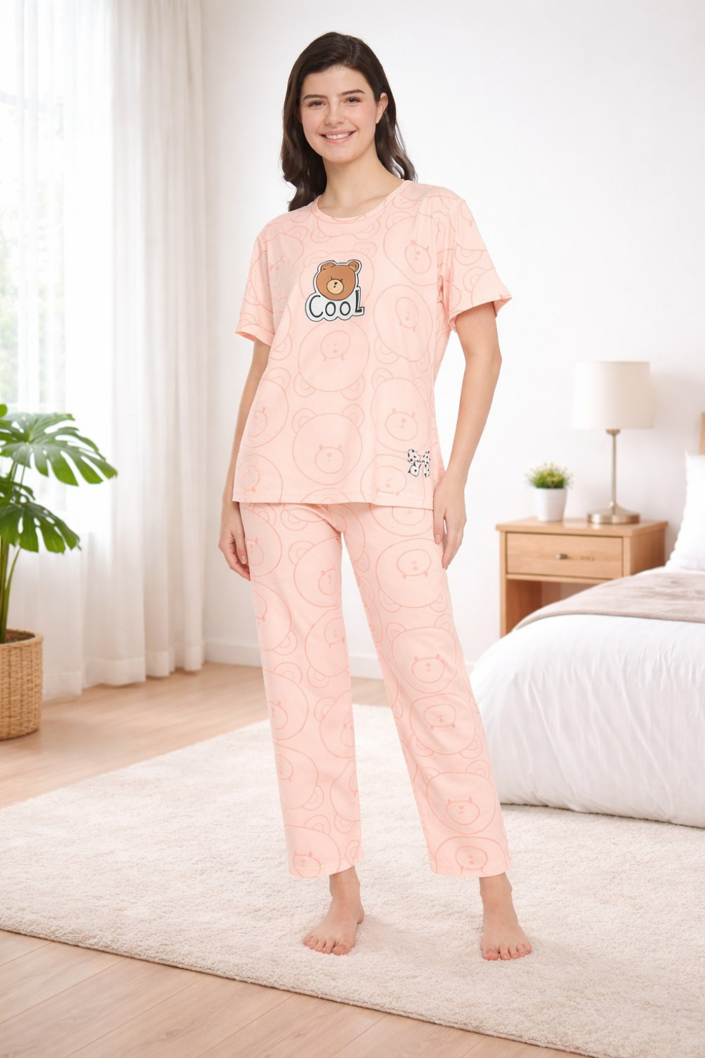 Women's Sleepwear Set, Cotton Pyjama with Short Sleeve T-Shirt,Loungewear