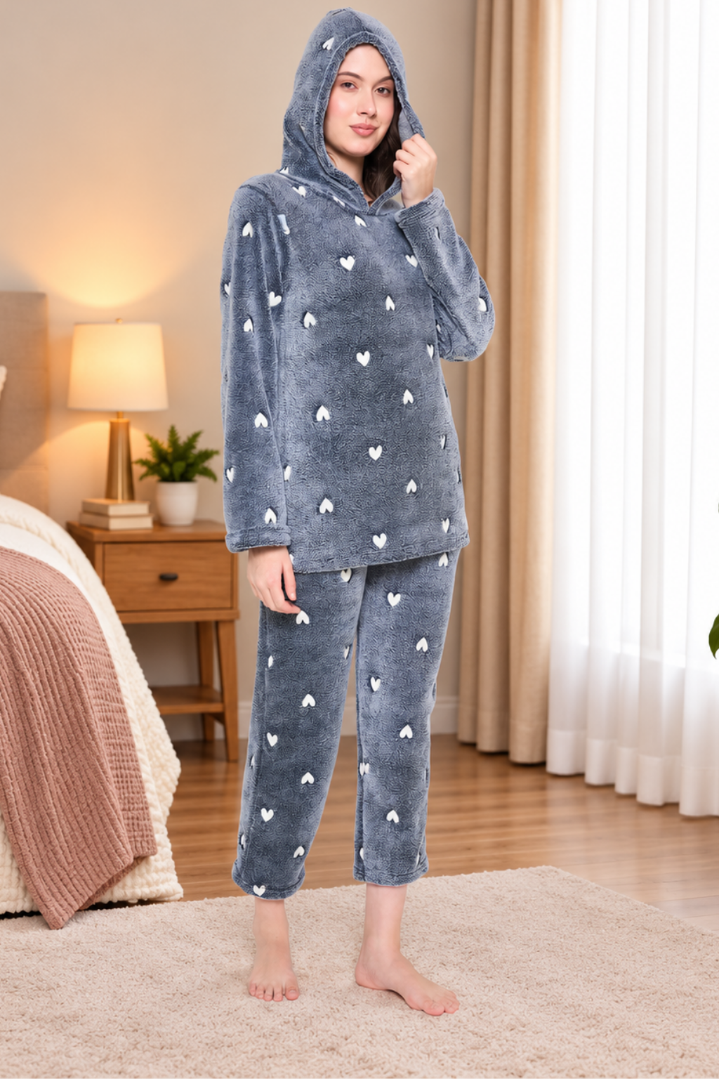 Women Winter Glow in Dark Printed Full Sleeve Hooded Top, Pajama Pants with Pockets