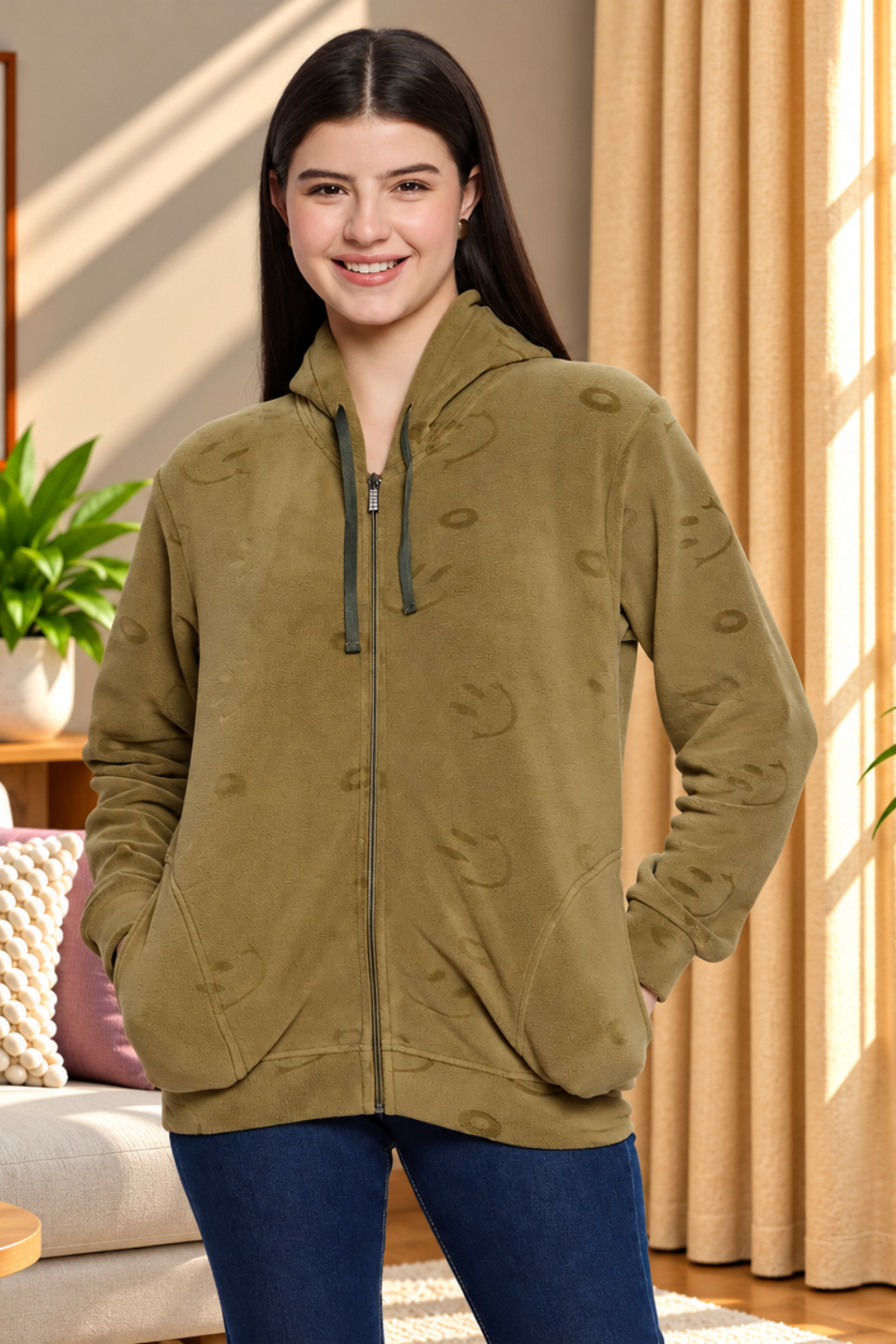 Women’s Embossed Fabric Auli Laser Cut Pattern Hoodie Sweatshirt – Full Sleeve, Zipper Front