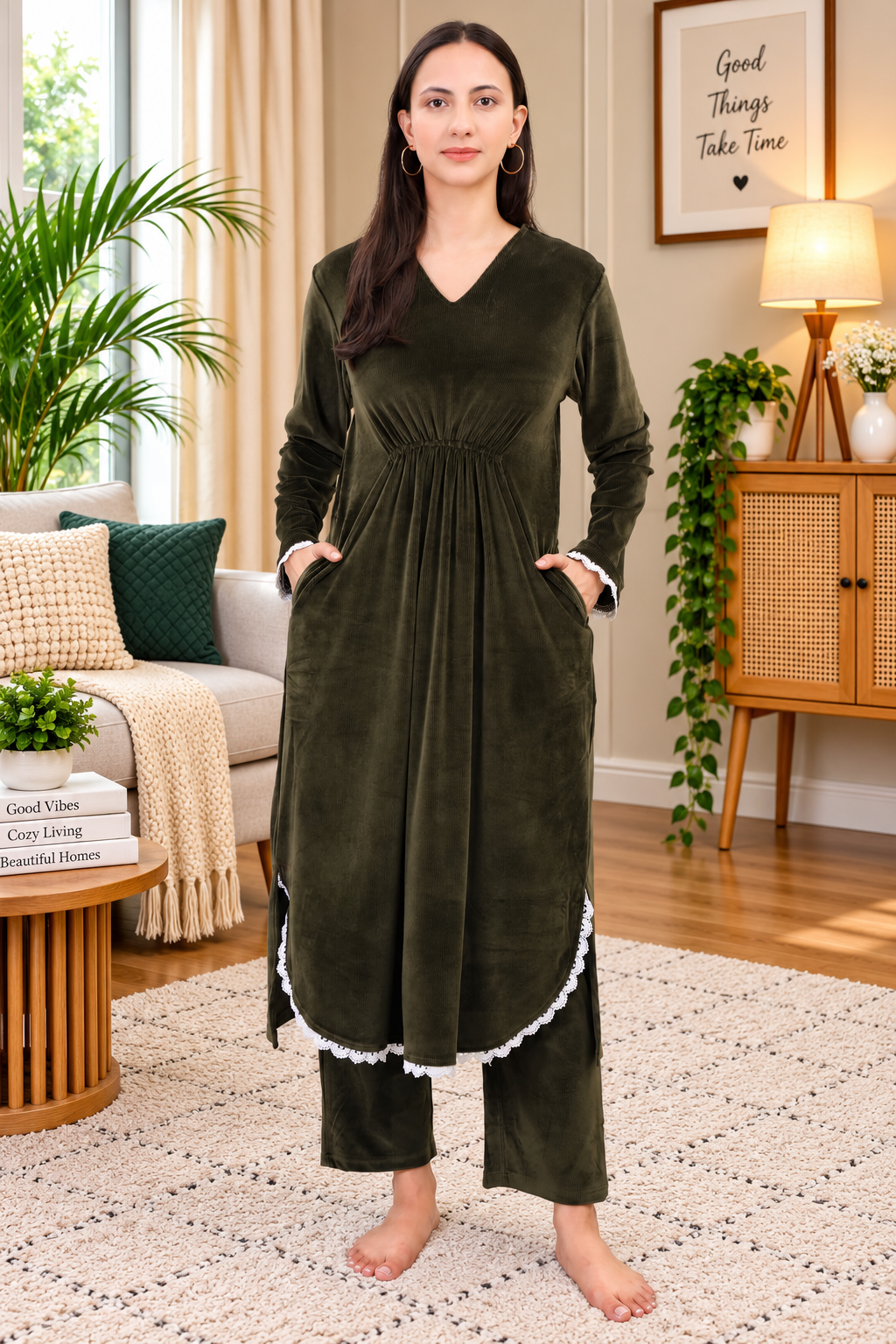 Women's Velvet Winter Corduroy Kurti Set, V-Neck, Long Sleeves (Olive)
