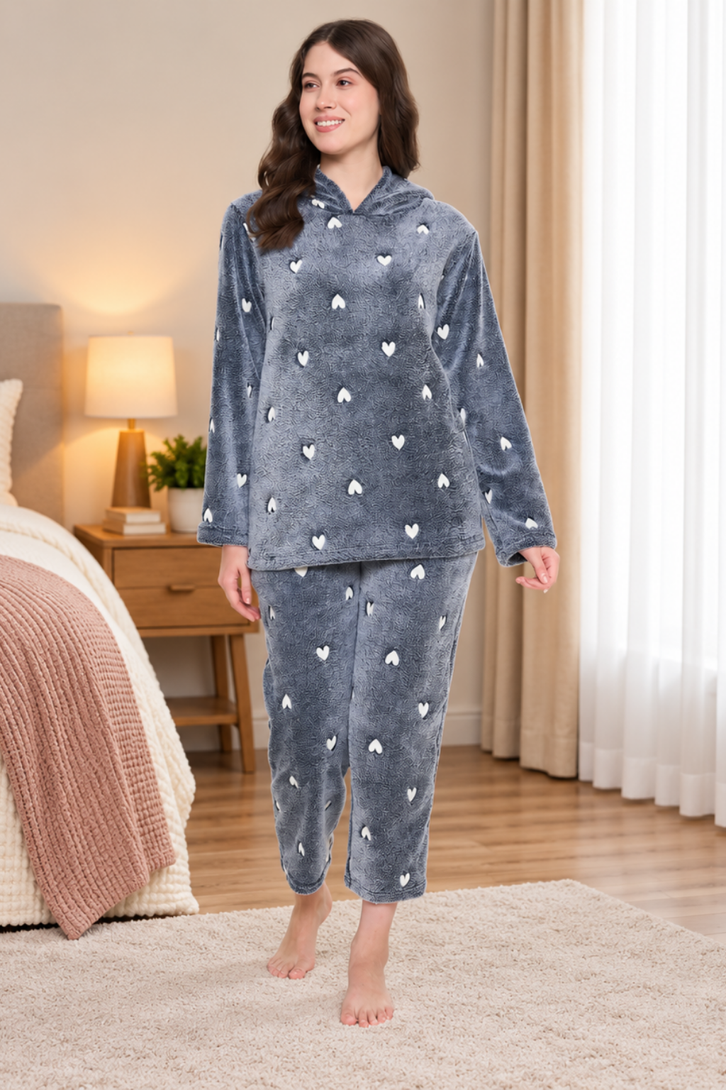 Women Winter Glow in Dark Printed Full Sleeve Hooded Top, Pajama Pants with Pockets