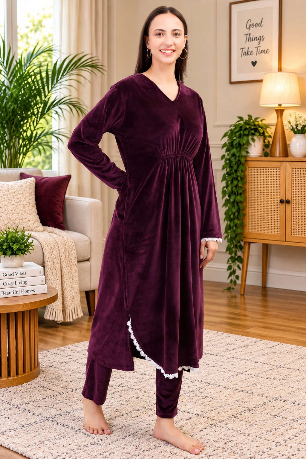 Women's Velvet Winter Corduroy Kurti Set, V-Neck, Long Sleeves (Maroon)