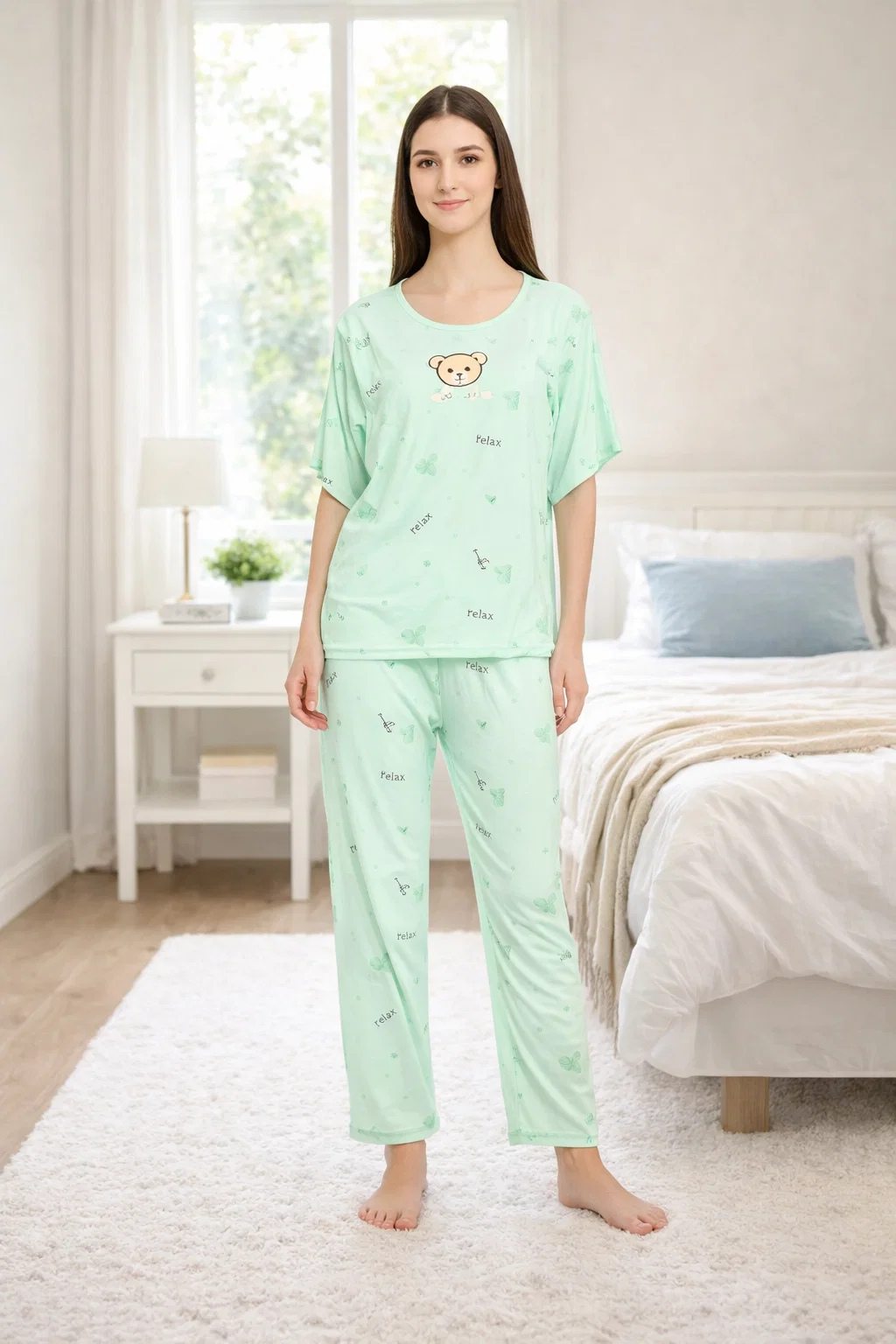 Women Night Suit Mint Green Printed Co-Ord Pyjama Set | Soft Comfortable Night Suit