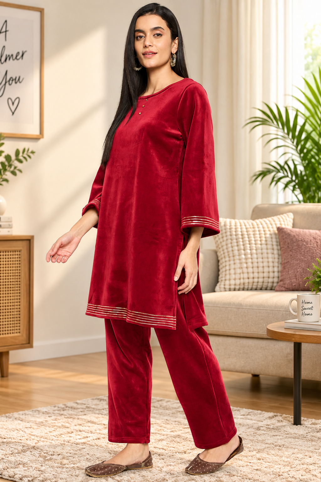 Women's Velvet Winter Kurti Set, Long Sleeves|Winter Velvet Kurti & Pajama Set