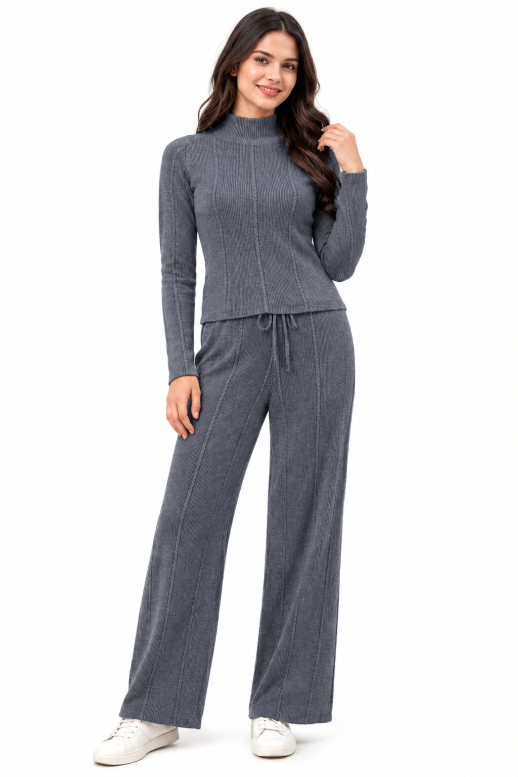 Camey Women Woolen Lounge Wear Set | Full Sleeve with Wide Leg Pants | Soft Warm Winter Co-Ord Set