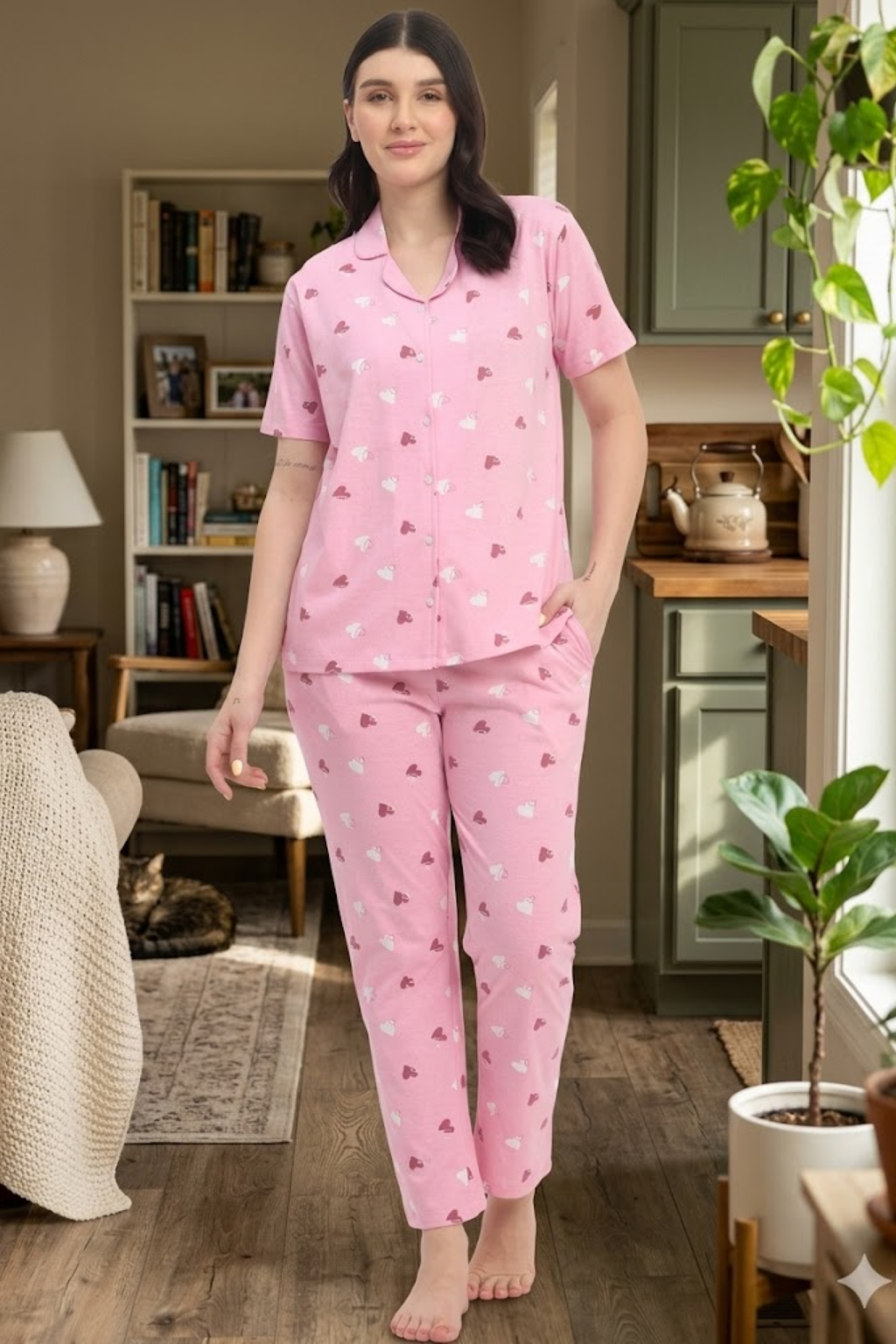 Women's Printed Nightsuit Pajama Set, Short Sleeve Button-Down Top with Pants, Cotton Nightwear, Pink