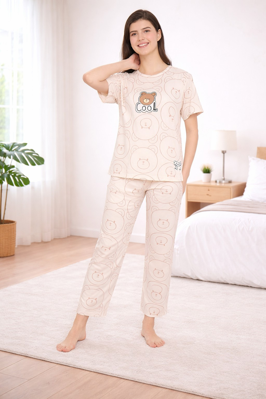 Women's Sleepwear Set, Cotton Pyjama with Short Sleeve T-Shirt,Loungewear