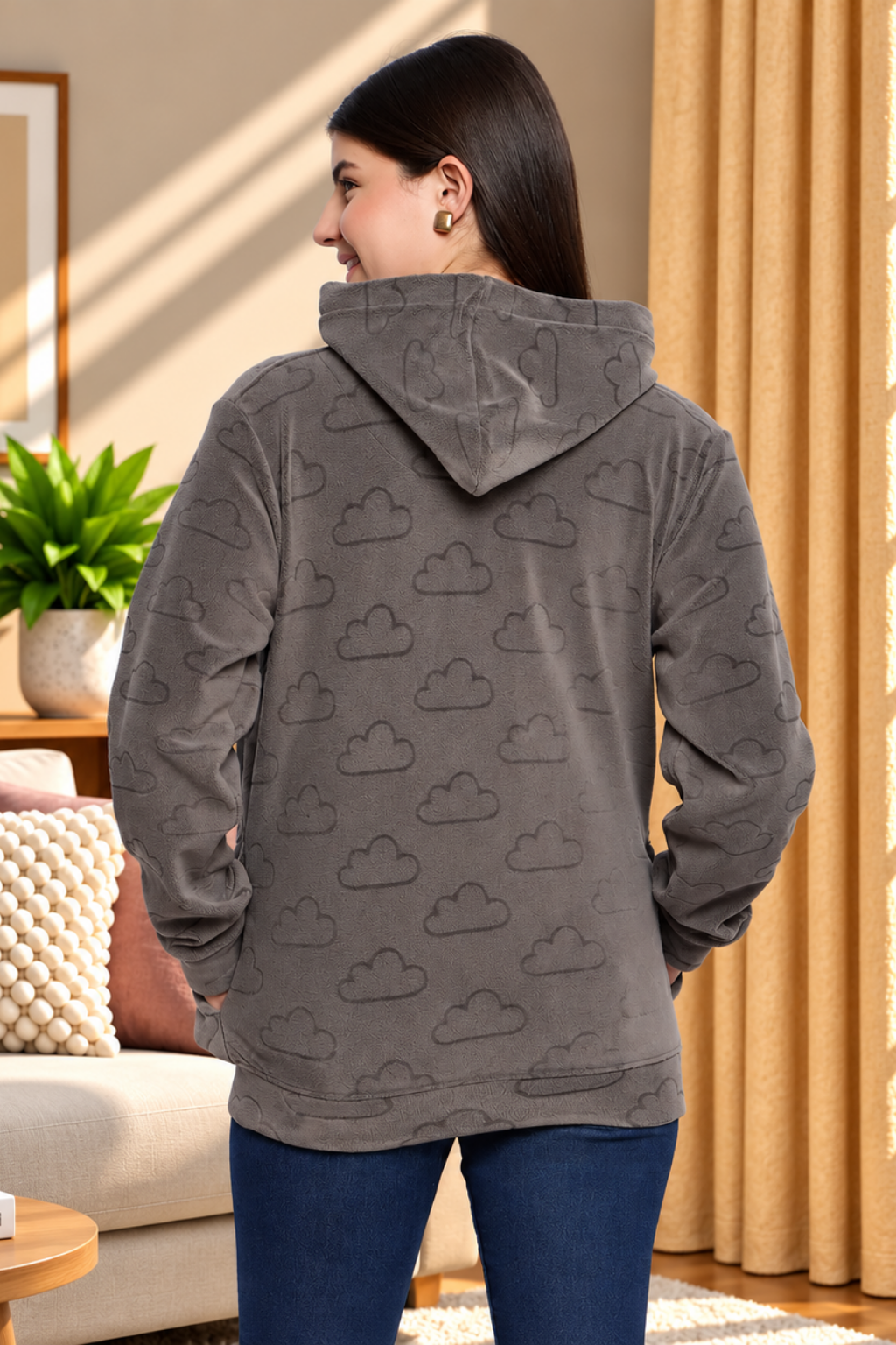 Women’s Embossed Fabric Auli Laser Cut Pattern Hoodie Sweatshirt – Full Sleeve, Zipper Front