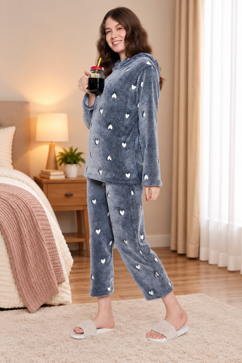 Women Winter Glow in Dark Printed Full Sleeve Hooded Top, Pajama Pants with Pockets