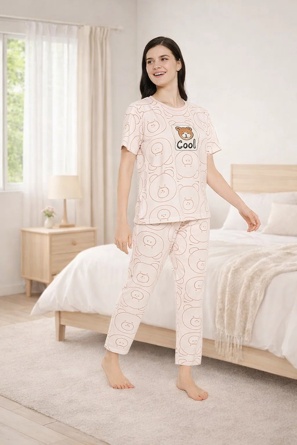 Women's Sleepwear Set, Cotton Pyjama with Short Sleeve T-Shirt,Loungewear