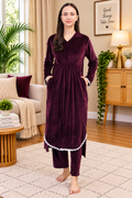 Women's Velvet Winter Corduroy Kurti Set, V-Neck, Long Sleeves (Maroon)