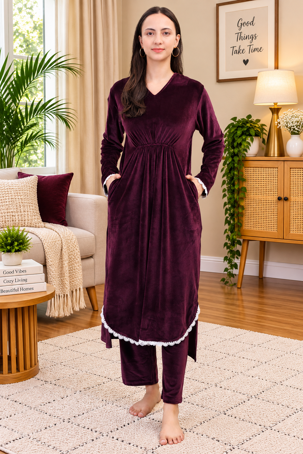 Women's Velvet Winter Corduroy Kurti Set, V-Neck, Long Sleeves (Maroon)