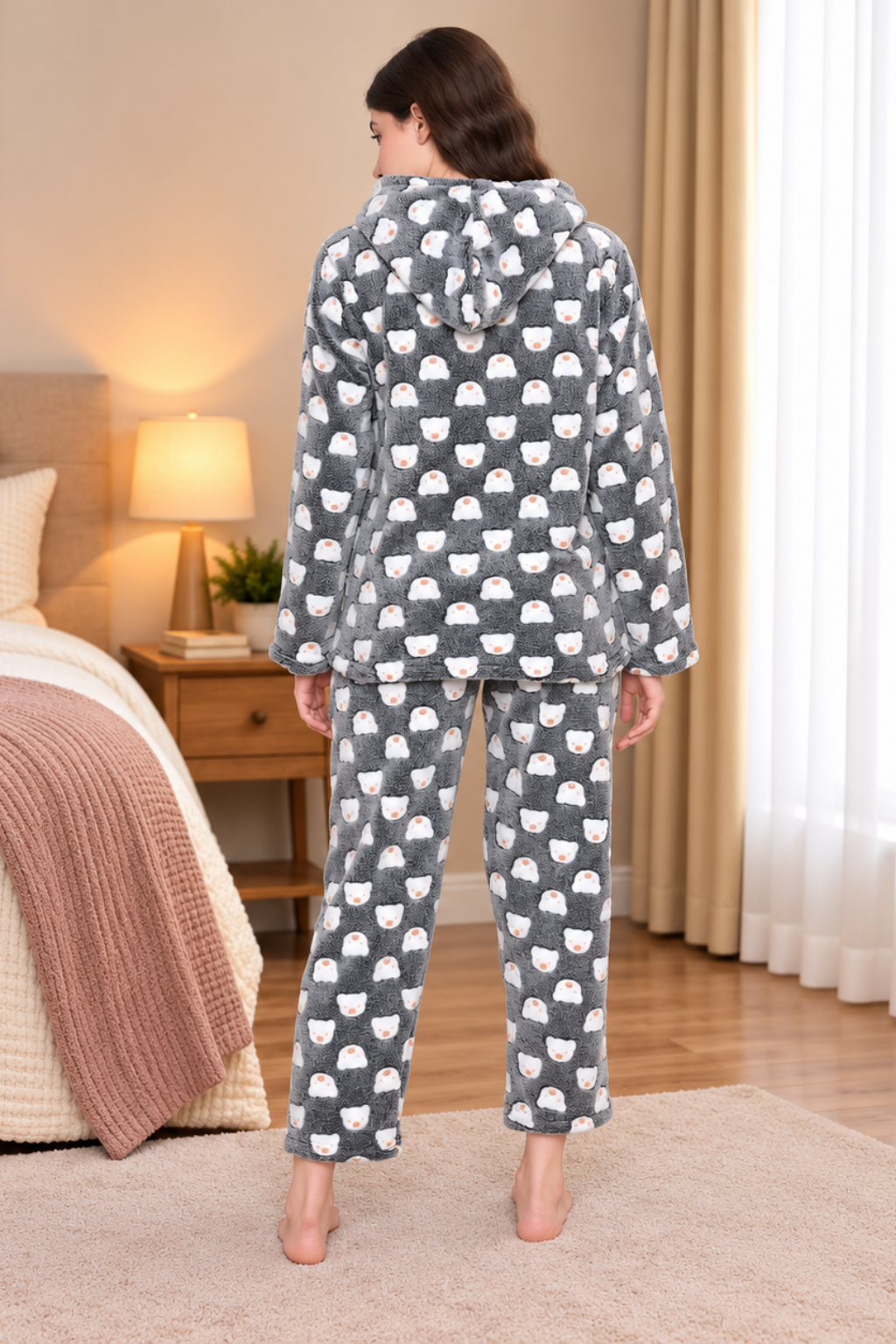 Women Winter Glow in Dark Printed Full Sleeve Hooded Top, Pajama Pants with Pockets