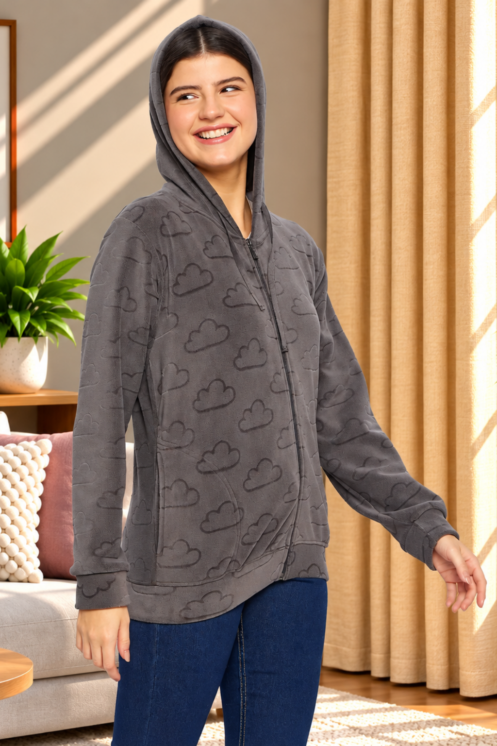 Women’s Embossed Fabric Auli Laser Cut Pattern Hoodie Sweatshirt – Full Sleeve, Zipper Front