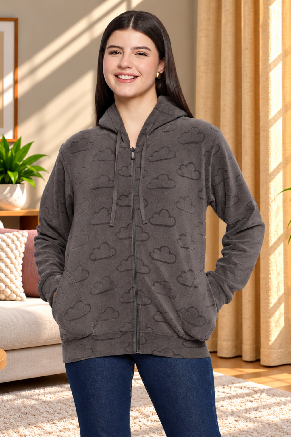 Women’s Embossed Fabric Auli Laser Cut Pattern Hoodie Sweatshirt – Full Sleeve, Zipper Front