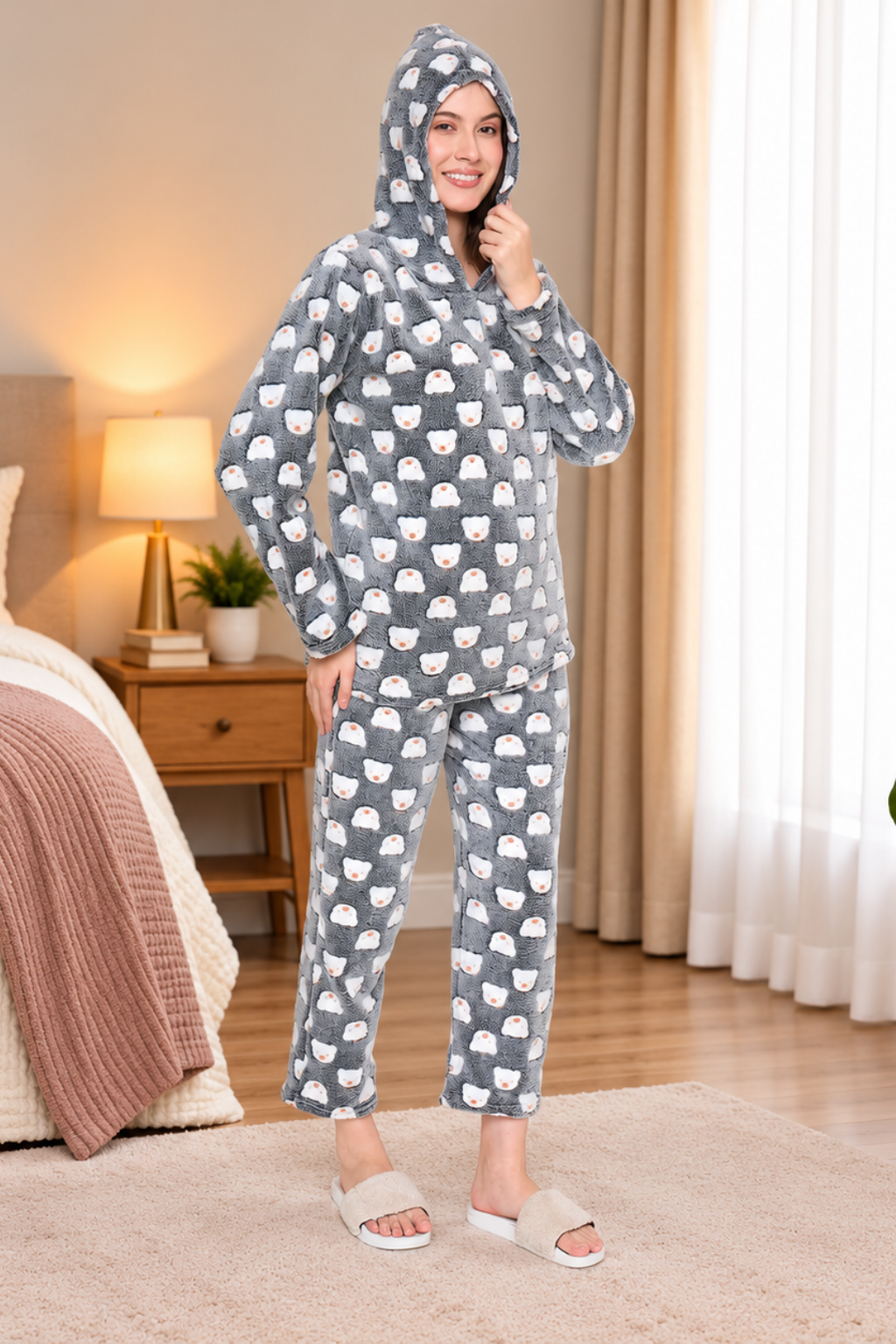 Women Winter Glow in Dark Printed Full Sleeve Hooded Top, Pajama Pants with Pockets