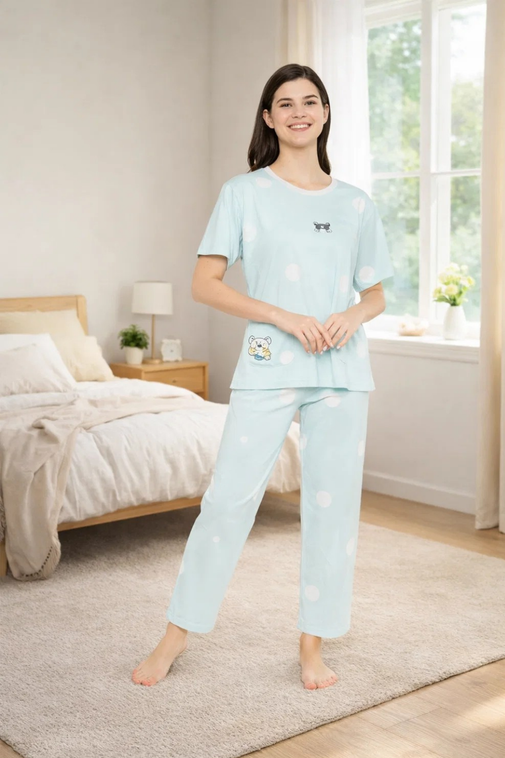 Women's Sleepwear Set, Cotton Pyjama with Short Sleeve T-Shirt,Loungewear